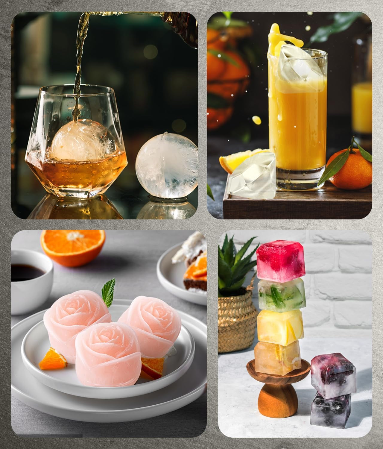 Ice Cube Tray with Lid, Silicone Ice Molds with Round, Square, Diamond, Rose, Large Ice Cube Mold for Whiskey, Bourbon, Cocktails, Easy Release BPA Free, Set of 2