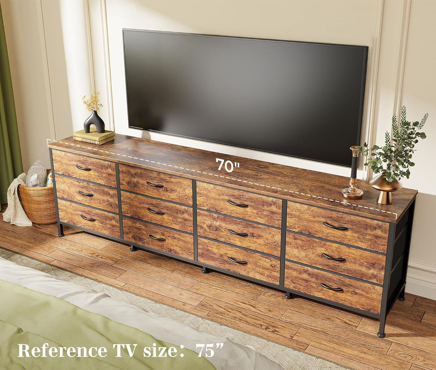 70-Inch Rustic Brown Dresser and TV Stand for 65, 75, and 80-Inch TVs, Featuring 12 Fabric Drawers and Ample Storage for Bedroom Entertainment Centers