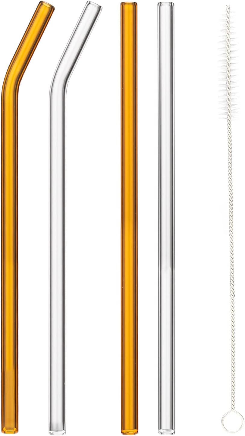 4-Pack Reusable Glass Straws,Size 8''X 8 Mm,Clear/Amber Glass Straws, 2 Straight and 2 Bent with 1 Cleaning Brush Glass Straw Set-Perfect for Smoothies, Milkshake, Iced Coffee,Juice,Tea