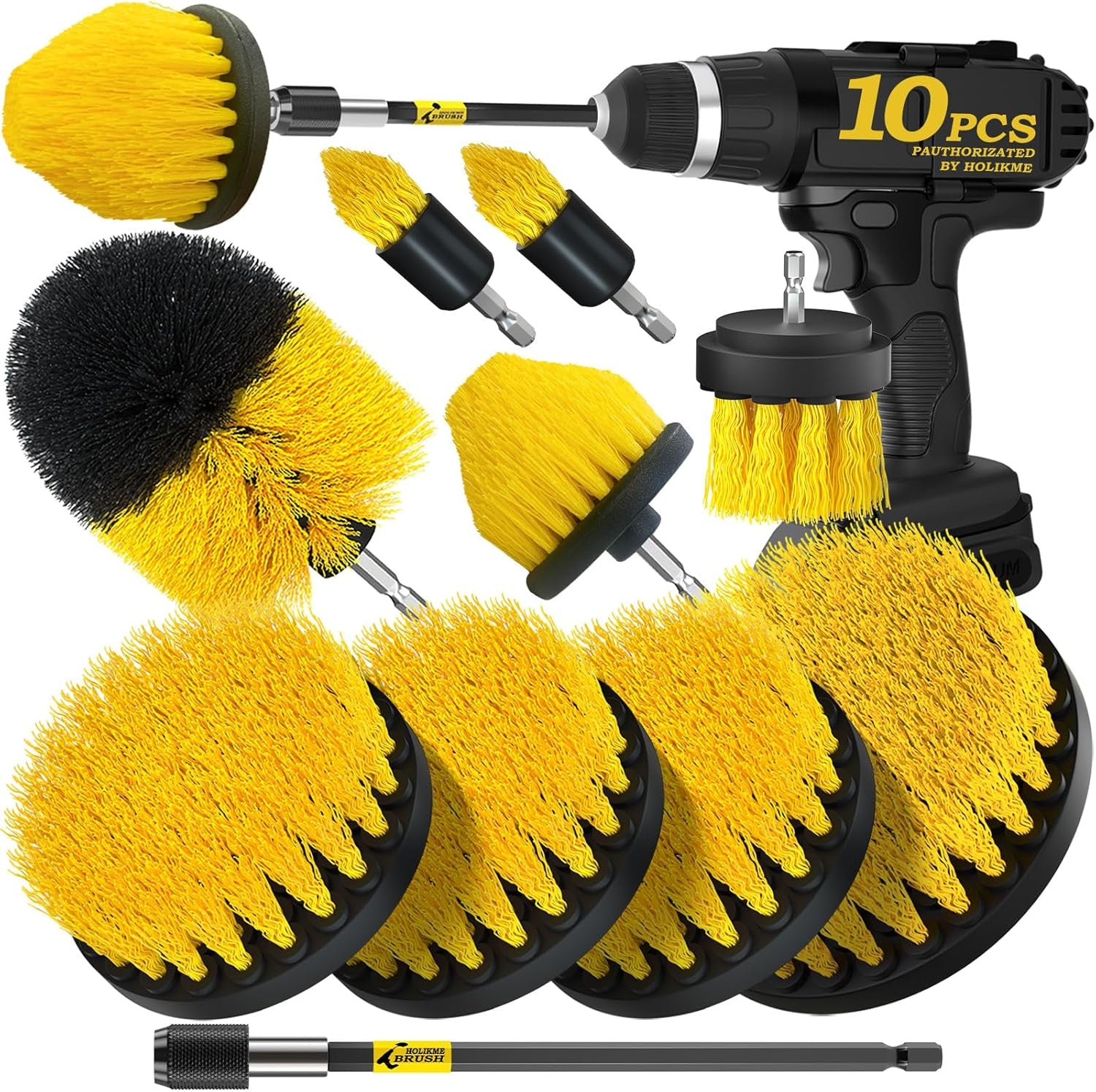 10Pieces Drill Brush Attachments Set, Power Scrubber Brush with Extend Long Attachment,Scrub Brush,Shower Scrubber,Cleaning Supplies,Yellow
