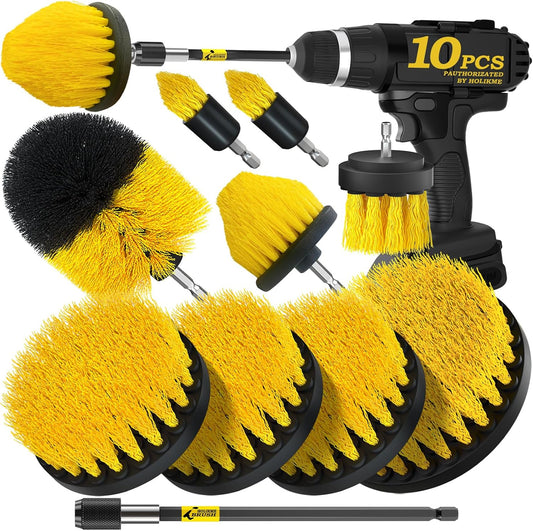 10Pieces Drill Brush Attachments Set, Power Scrubber Brush with Extend Long Attachment,Scrub Brush,Shower Scrubber,Cleaning Supplies,Yellow