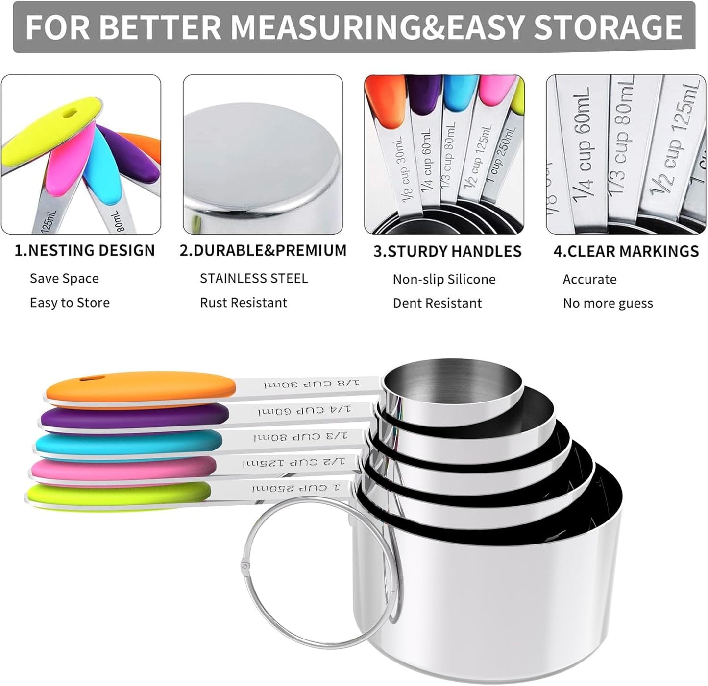 Measuring Cups and Spoons Set, Stainless Steel, Kitchen Utensils for Cooking and Baking (10, Colorful)