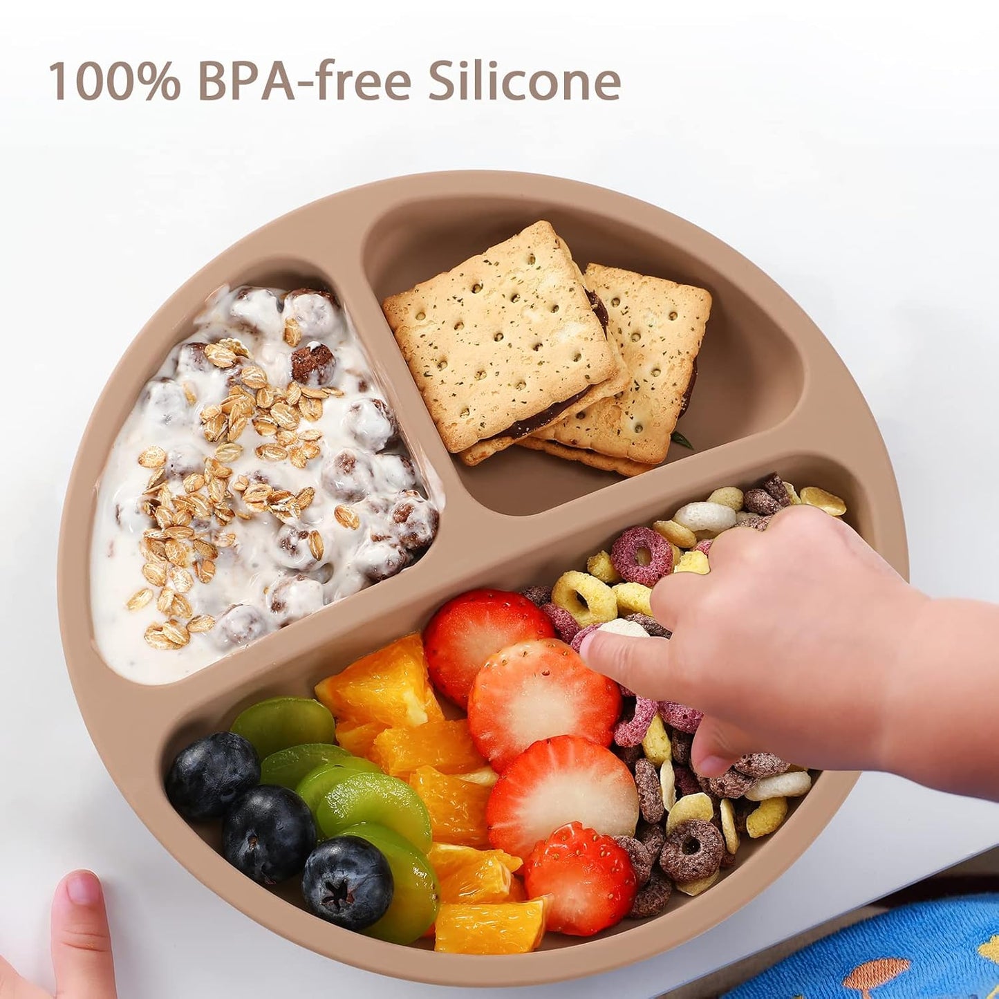 Suction Plate with Lid for Toddler, Baby & Kid, 100% Food-Grade Silicone, Divided Design, Microwave & Dishwasher Safe - Natural