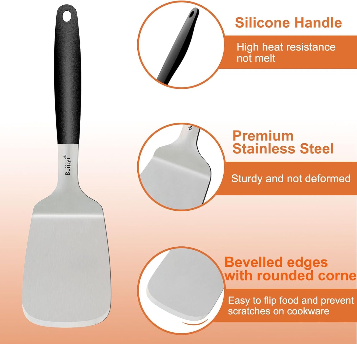 Metal Spatula for Cast Iron Skillet and Flat Top Grills, 1.5 Mm Thick Stainless Steel Cooking Turner with Full Tang Silicone Handle, Smash Burger Spatula, Egg and Pancake Flipper, 3.7 in Wide