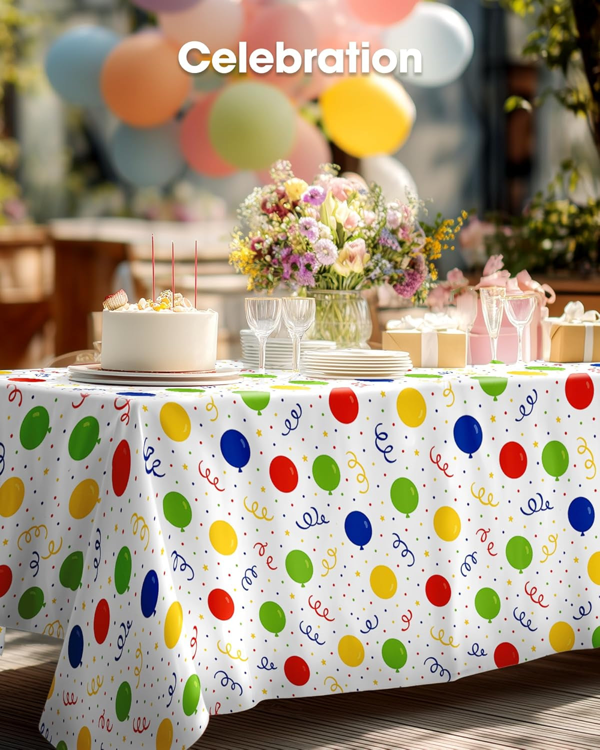 Plastic Table Cloth Disposable 10 Pack, 54 X 108 Inch Table Cloths, Birthday Party Decorations, Picnic, White Tablecloths, Rectangle, Colorful, Rainbow Cover, Leakproof & Sturdy, Balloon