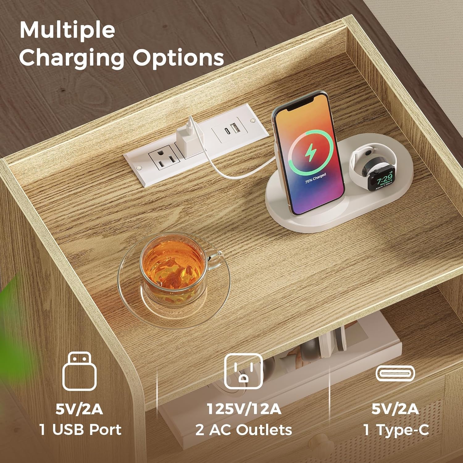 Set of 2 Nightstands with Charging Station and PE Rattan Decor Drawer, Solid Wood Feet, Suitable for Bedroom and Living Room - Natural Finish