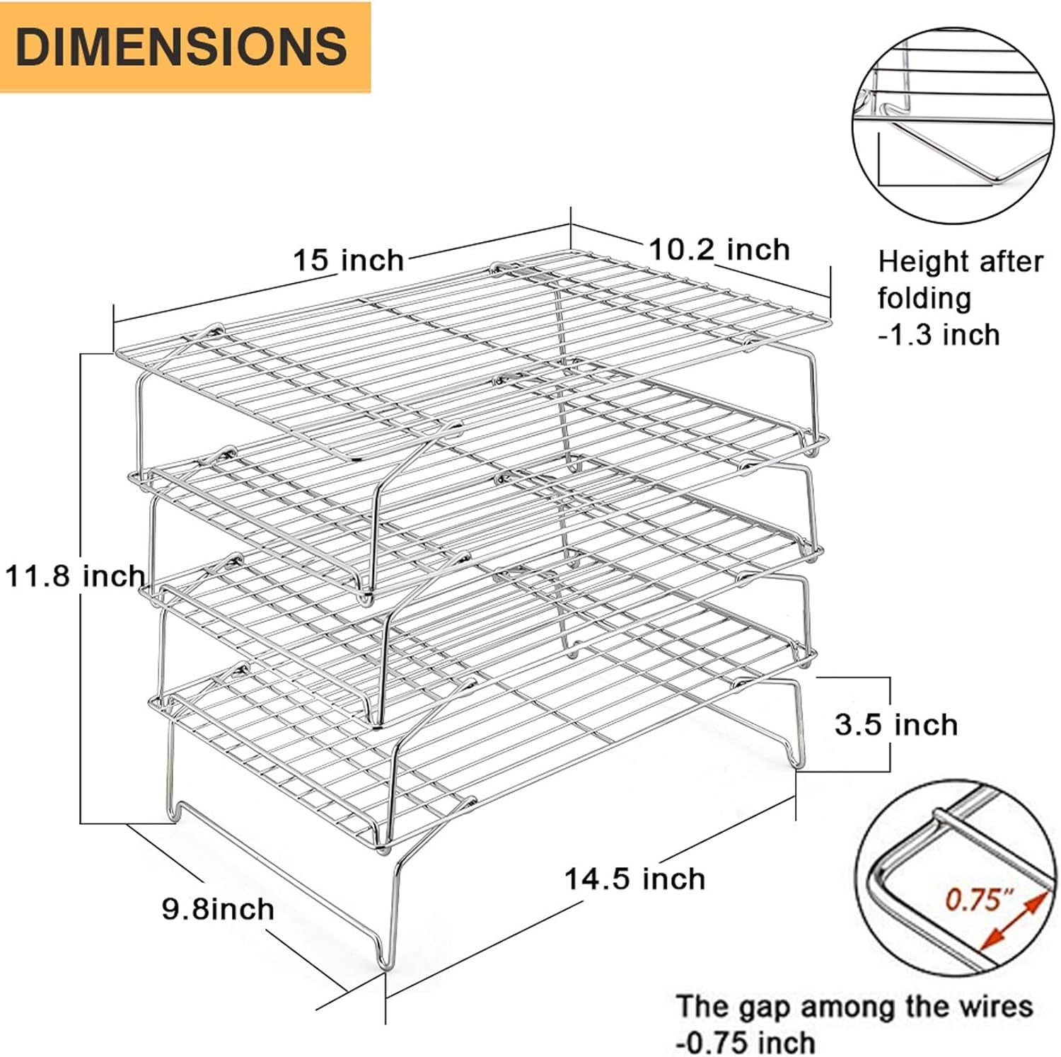 4-Tier Cooling Rack Set, Stainless Steel Stackable Baking Cooking Racks for Cooling Roasting Cooking, Raised & Folding Feet, Oven Safe & Easy Clean, 15" X 10", Silver