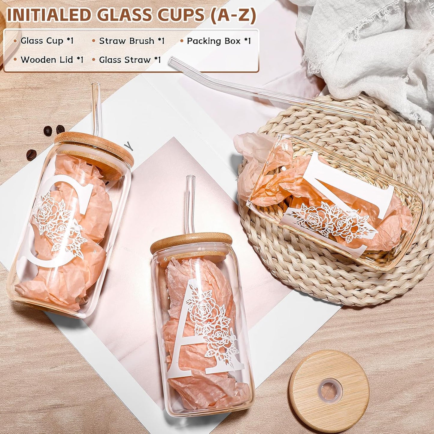 Gifts for Holidays,Birthday Gifts for Women,Personalized Initial Glass Cup as Iced Coffee Cups,Aesthetic Smoothie Cup Cute Beer Tumbler,16 Oz Glass Cups with Lids and Straws-D(1Psc)