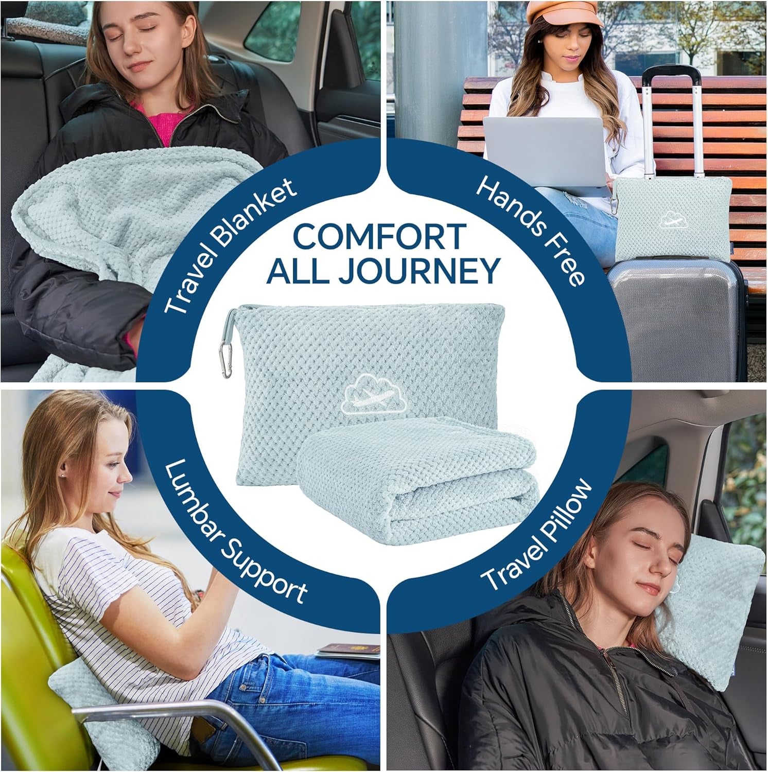 Travel Blanket with Bag, Ultra-Soft Jacquard Fleece Blanket with Luggage Sleeve & Backpack Clip, Airplane Blanket Travel Essentials, Blue