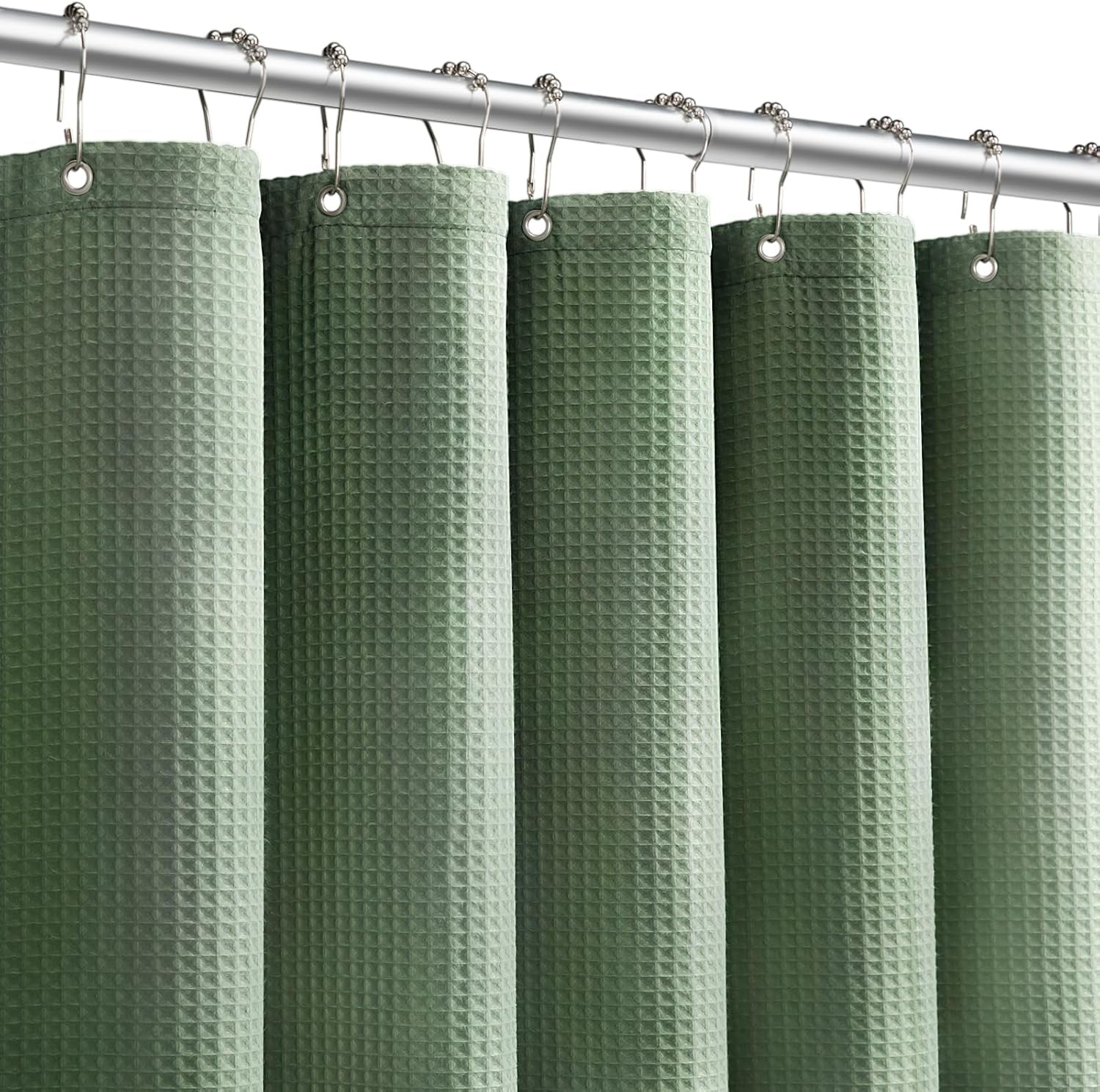 Cotton Touch Shower Curtain Heavy Duty Green Waffle Textured Shower Curtain with Hooks 54 Wx78 L