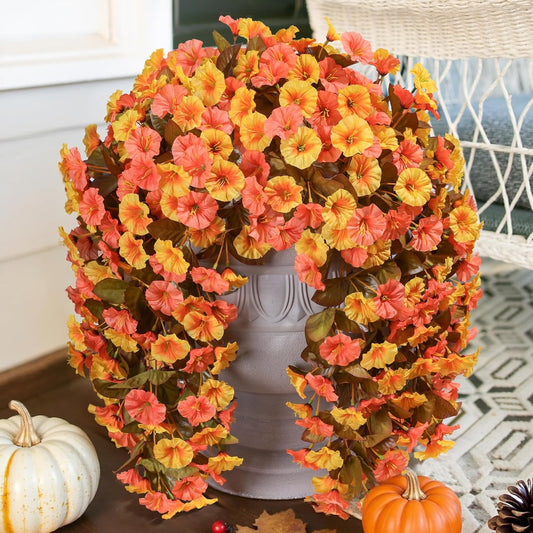 Artificial Fake Fall Hanging Flowers Plants for Outdoor Decor, 2PCS Faux Silk Fall Morning Glory Trailing Vines UV Resistant Look Real for Autumn Home Planter Porch Patio (Orange+Yellow)