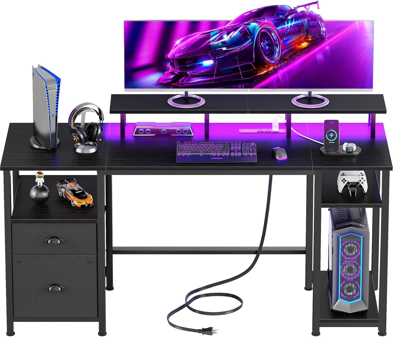 61" Gaming Desk with Power Outlets & LED Lights, Reversible Computer Desk with File Cabinet & Monitor Stand for Home Office, Large Work Table with Storage Shelves & Drawer, Black