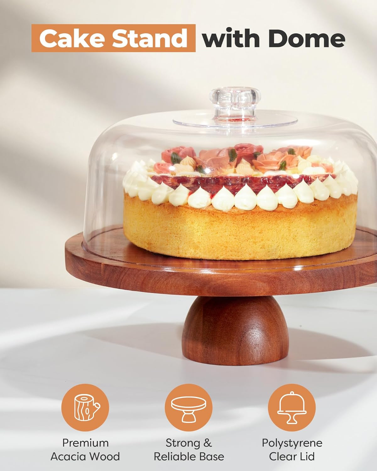 Wood Cake Stand with Lid, 2-In-1 Wooden Cake Plate & Covered Charcuterie Board, Footed Cake Container Dessert Display Holder with Dome Cover for Weddings, Parties, Bakeries (12 Inch)