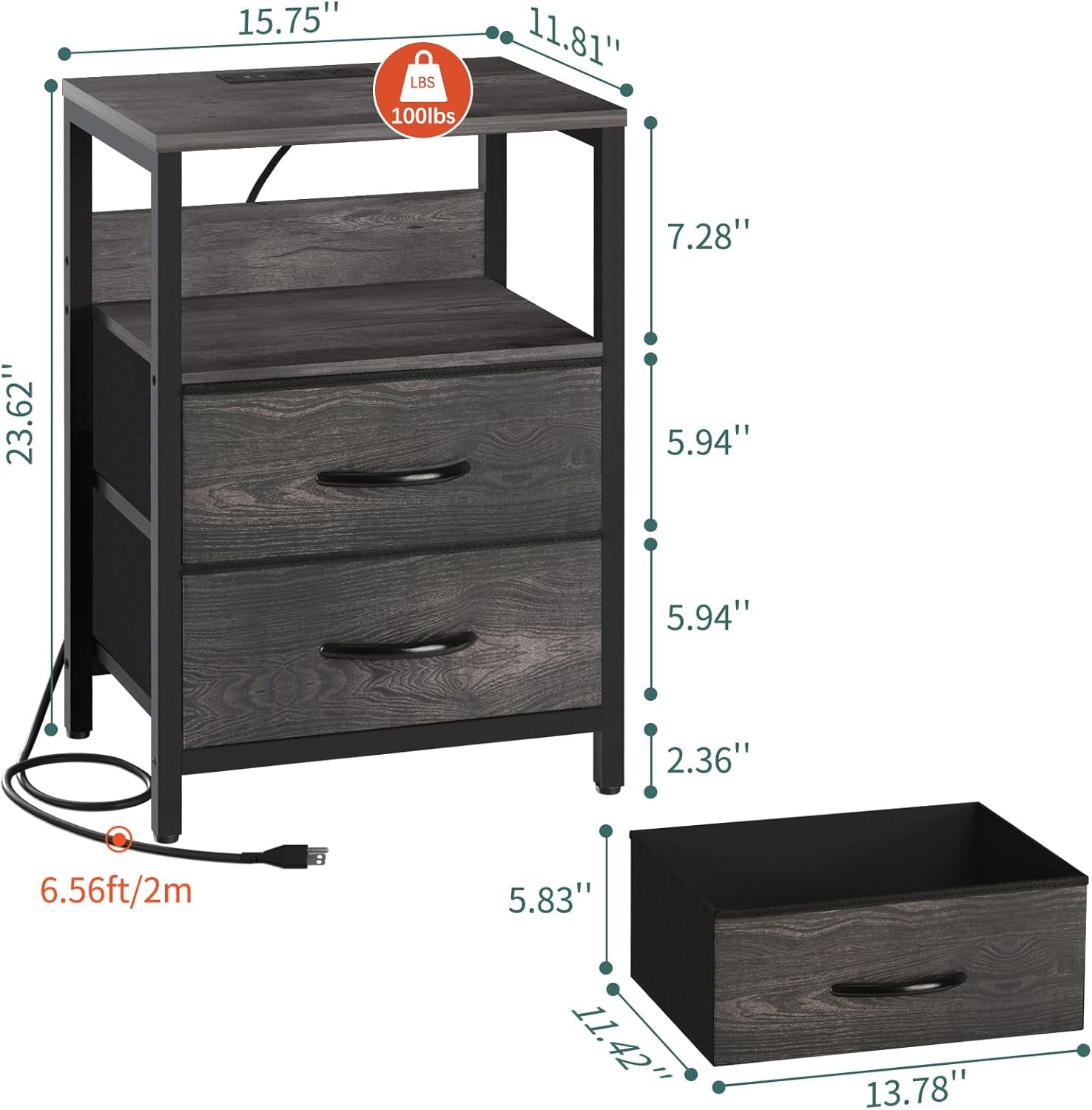Nightstand with Charging Station, Small Night Stand with Fabric Drawers and Storage Shelf for Bedrooms, Nightstands for Small Spaces, Bedside Table with USB Ports & Outlets, Bed Side Table
