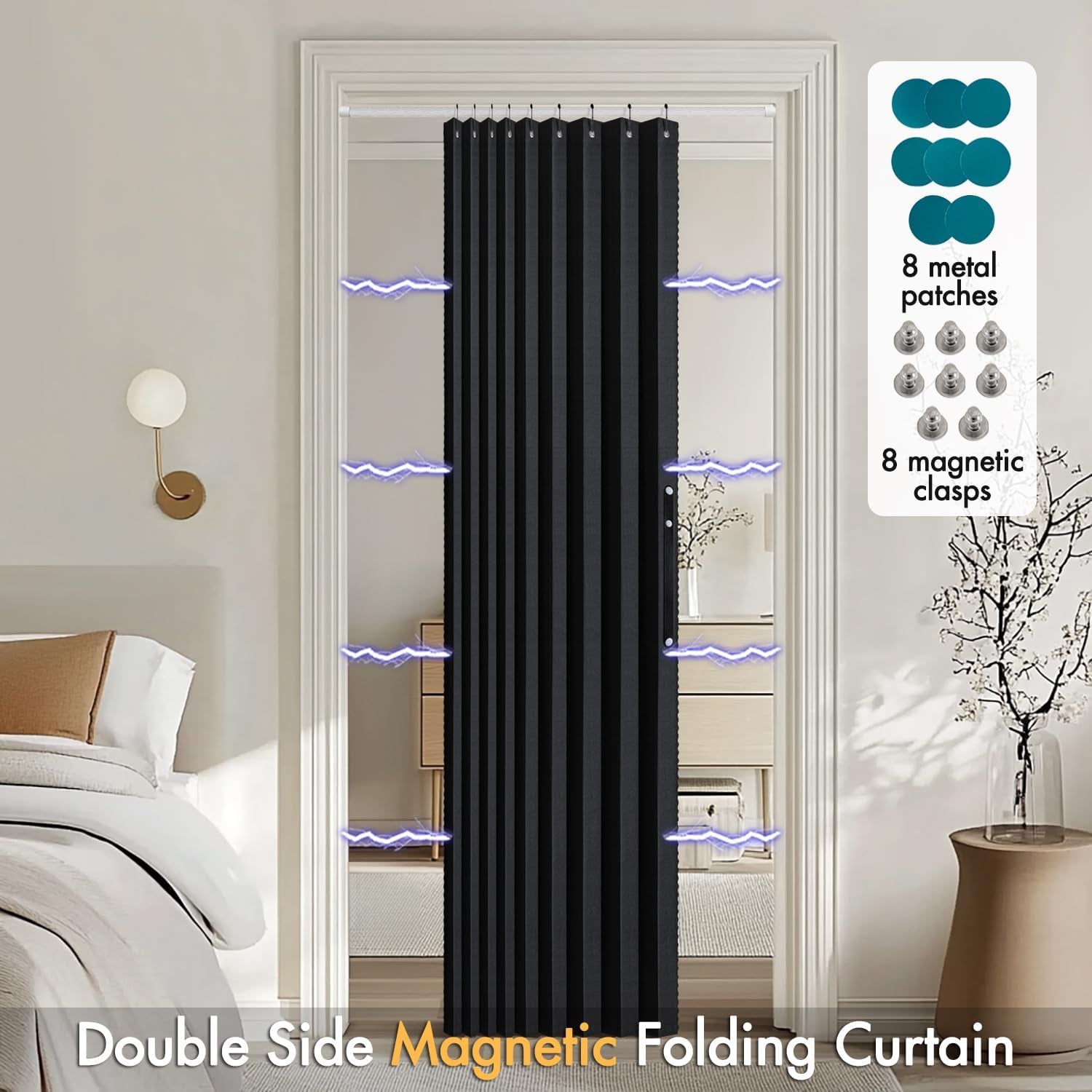 Halloween Accordion Style Magnetic Folding Door Curtains for Doorways/Closet, Room Divider Pleated Drapes with Hooks for Interior Living Room/Open Closet, Black, W42 X L78 Inches, 1 Panel