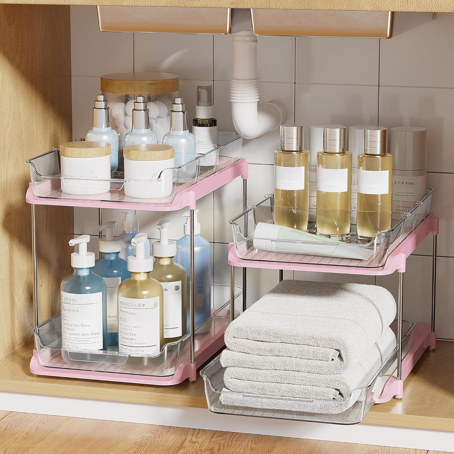 2 Sets of 2-Tier Multi-Purpose Bathroom under Sink Organizers and Storage, Stackable Kitchen Pantry Organization, Pull Out Medicine Cabinet Organizer with 8 Movable Dividers, Pink