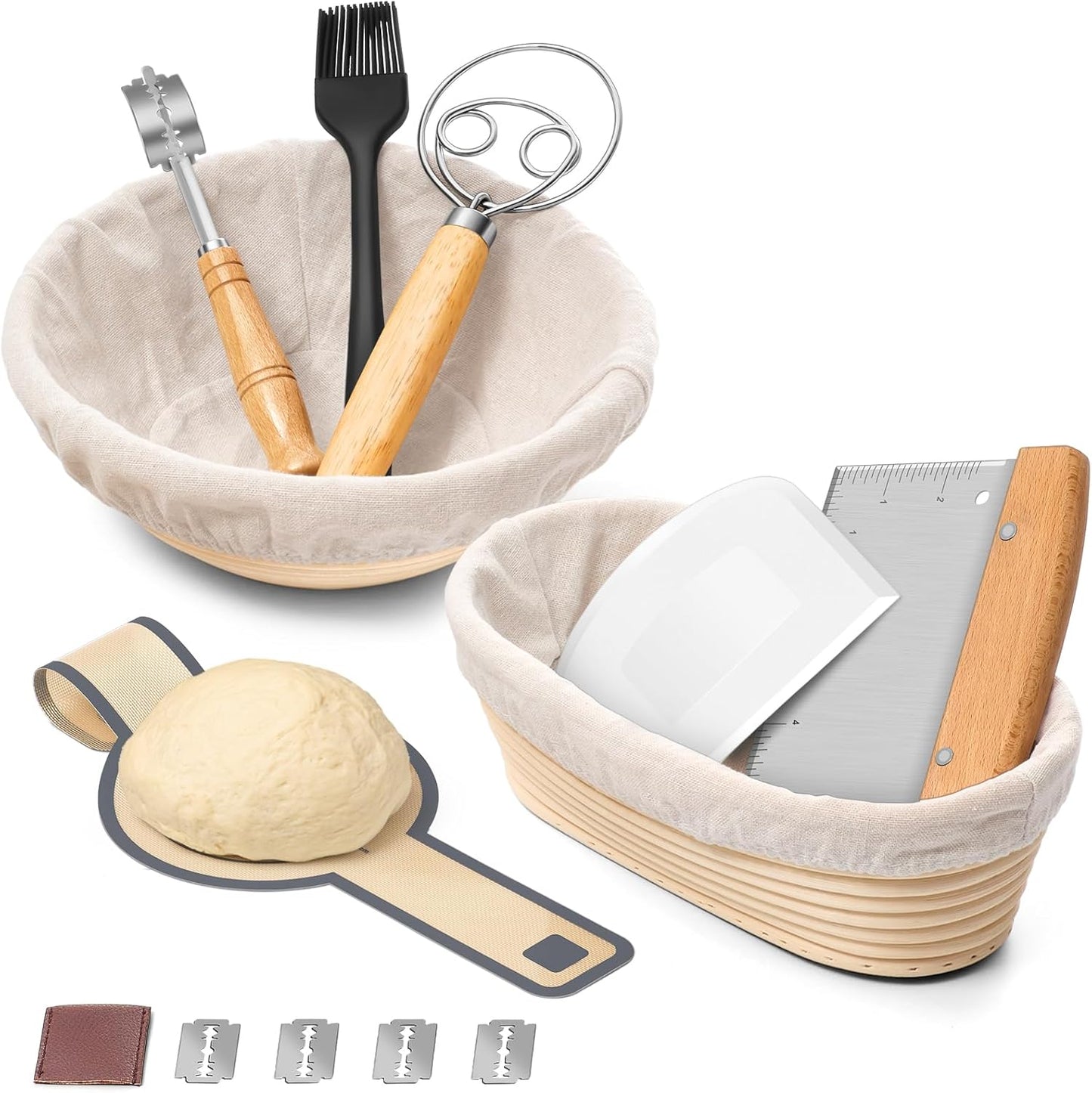 Sourdough Bread Baking Supplies, 9” round & 10” Oval Sourdough Proofing Baskets Starter Kit, Bread Making Tool Set with Cloth Liner Bread Lame Scraper Brush Dough Whisk
