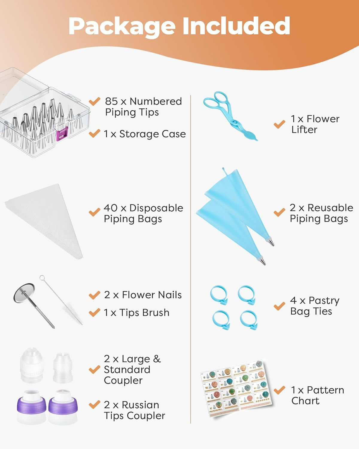 140Pcs Icing Piping Bags and Tips Set, Frosting Piping Kit with 78 Numbered Icing Tips, 7 Russian Tip, 42 Pastry Bags 12 Inch, 5 Couplers, 4 Bag Ties for Cake Decorating, Cupcake, Baking