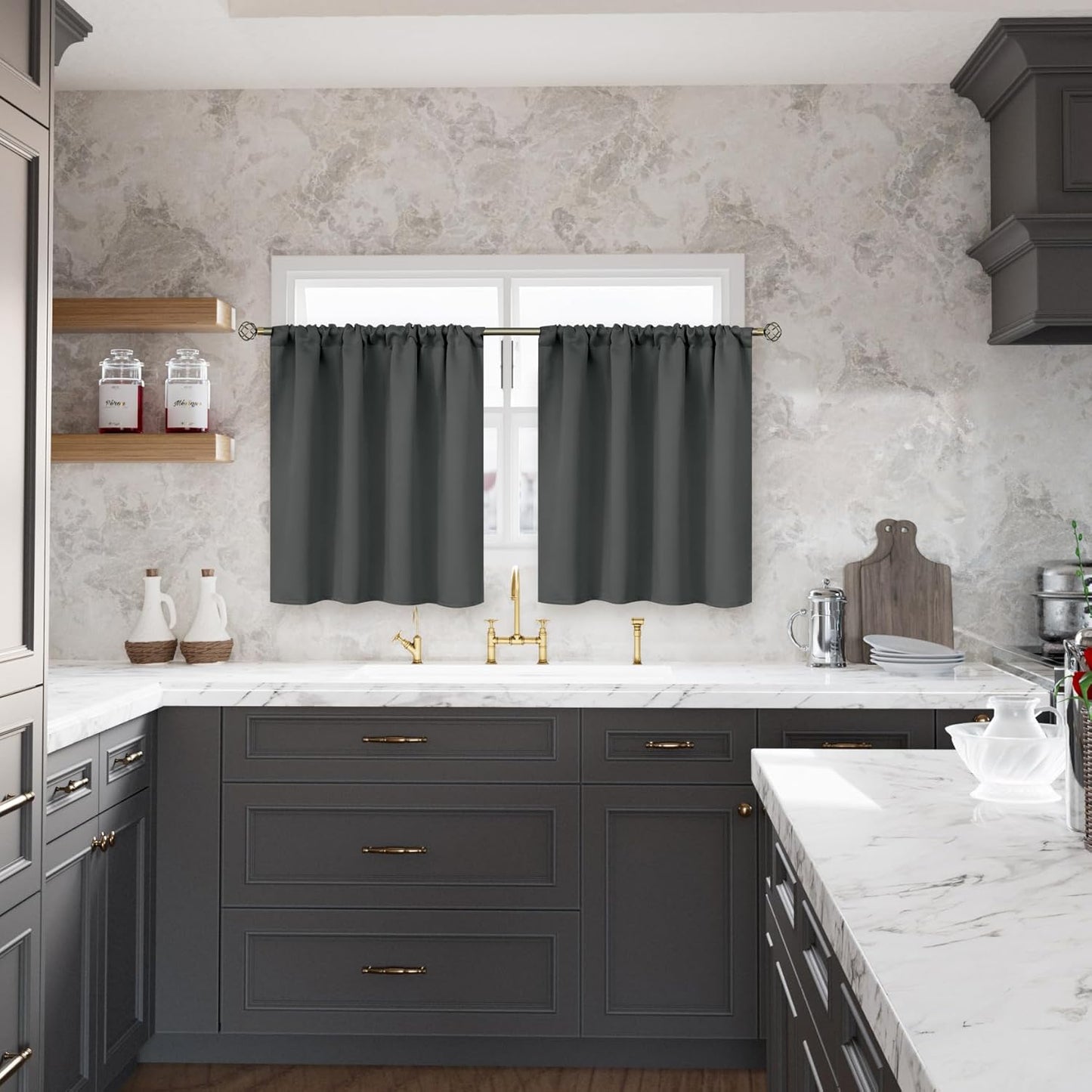 Small Blackout Curtains 36 Inch Length for Kitchen Window over Sink - Dark Grey Cafe Drapes Half Window with Rod Pocket for Rv Bathroom, 2 Panels, 34 X 36 Inch