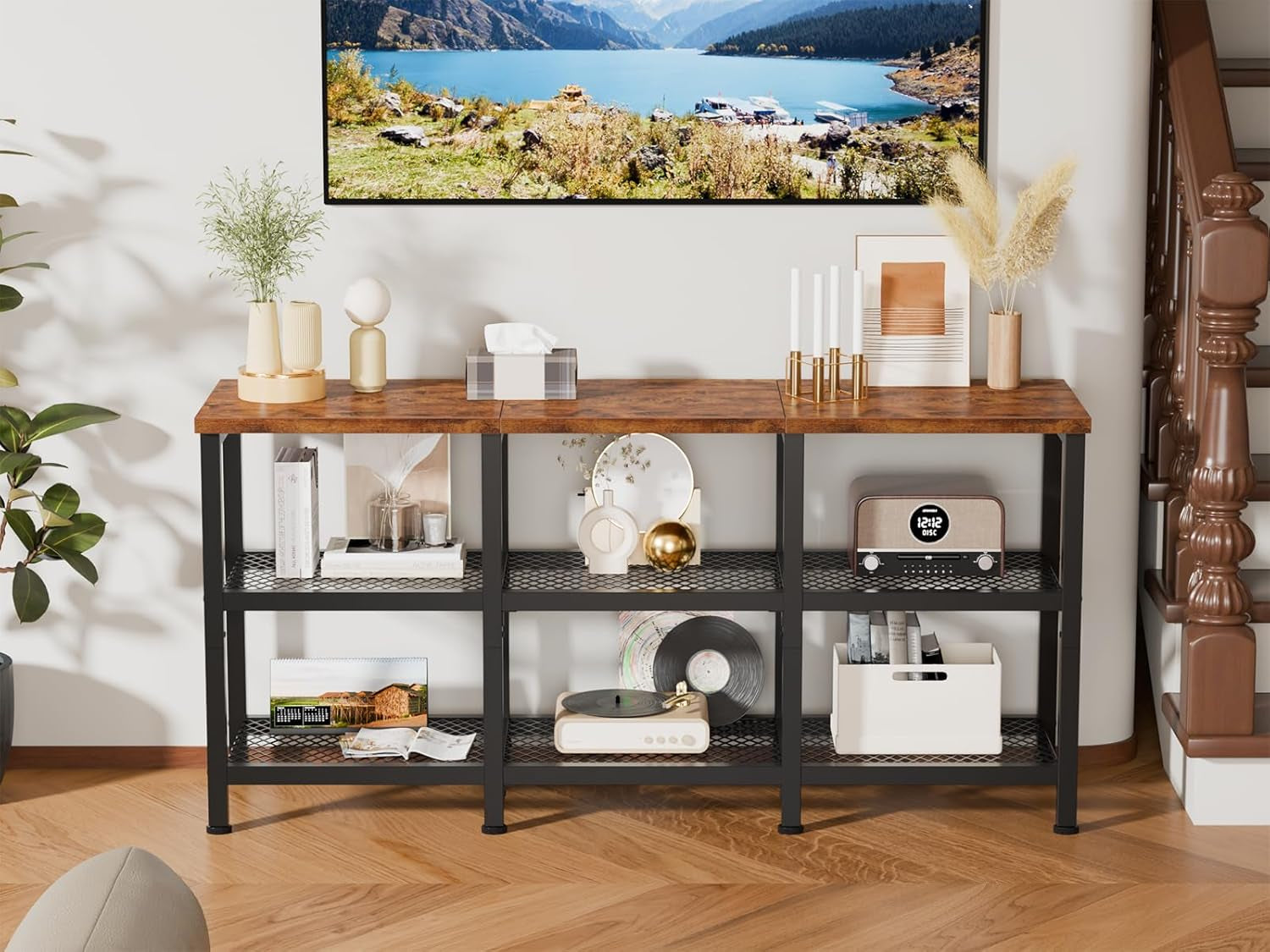TV Stand, Small Media Console Table with 3-Tier Storage Shelves, Industrial Entertainment Center for Tvs up to 50 Inch, Television Stands for Living Room, Bedroom, Rustic Brown