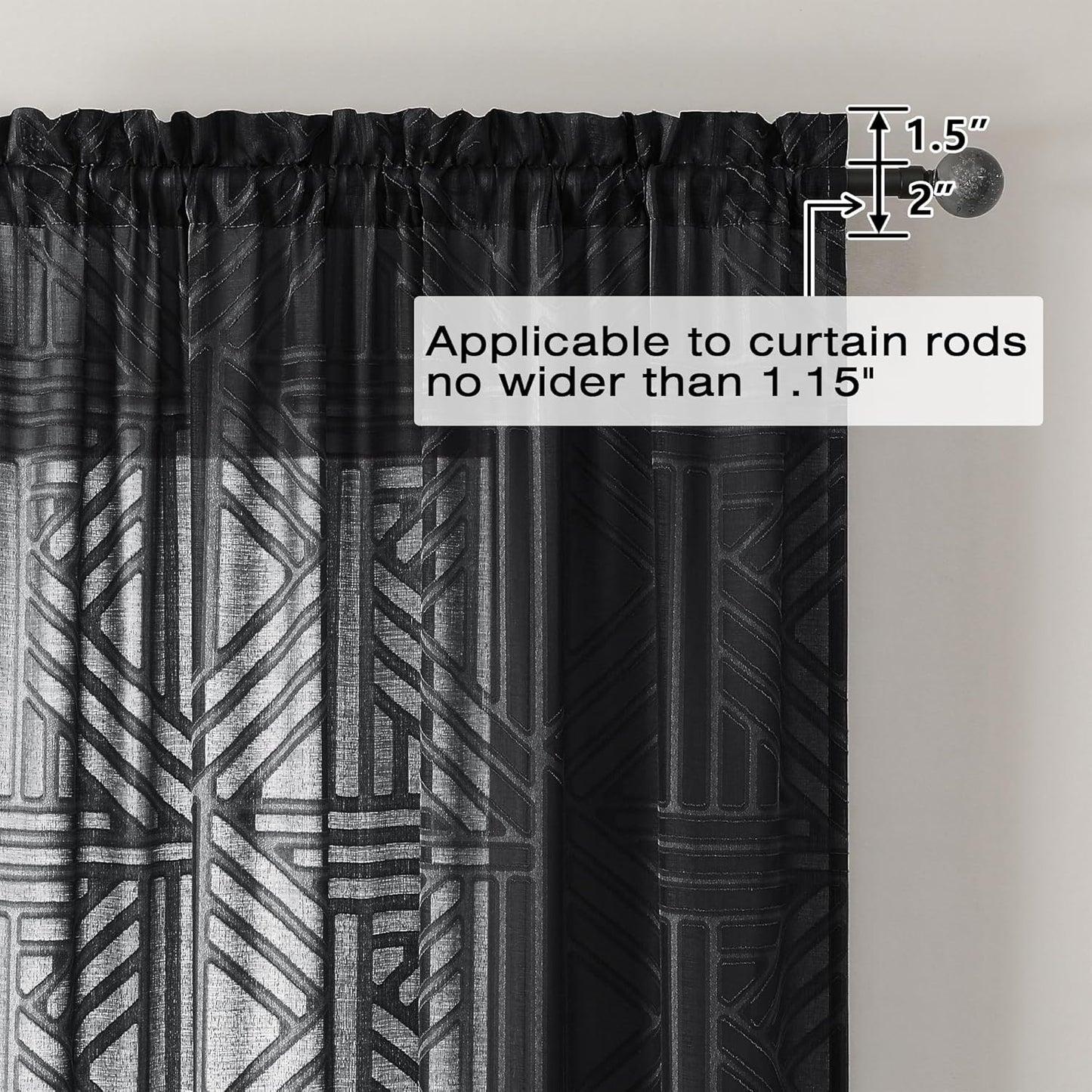 Black Sheer Kitchen Curtains 36 Inch Length Tier Curtains 2 Panels, Light Filtering Geometric Jacquard Clip Textured Semi Sheer Short Window Curtains for Bathroom, 42X36 Inch