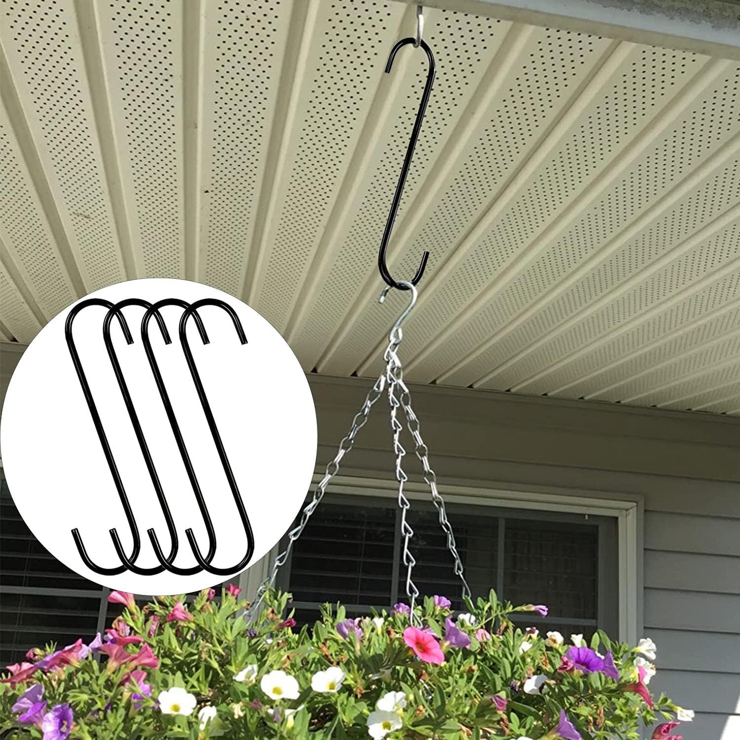 8-Inch Heavy-Duty S Hooks, 6-Pack Extra Large Metal S-Shaped Hooks for Outdoor Plant Hanging, Closet Organization, Flower Baskets, Patio Use, Bird Feeders, Bird Houses, and Kitchen Pots and Pans (Black)