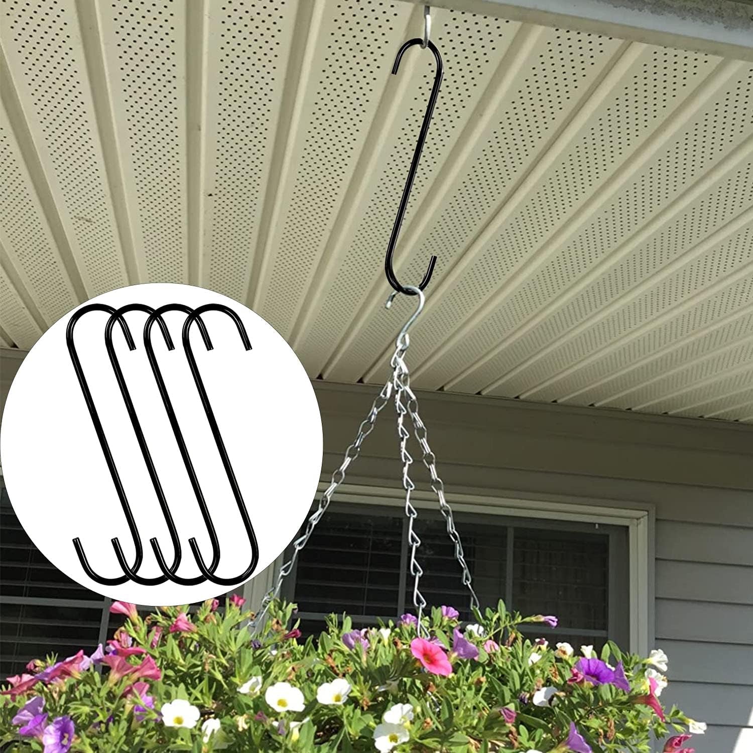 8-Inch Heavy-Duty S Hooks, 6-Pack Extra Large Metal S-Shaped Hooks for Outdoor Plant Hanging, Closet Organization, Flower Baskets, Patio Use, Bird Feeders, Bird Houses, and Kitchen Pots and Pans (Black)