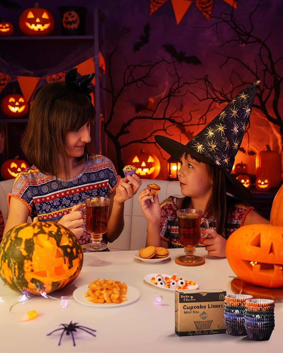 400 Pcs Halloween Mini Cupcake Liners with 12 Pcs Cupcake Toppers, Mini Cupcake Liners for Baking, Halloween Cupcake Decorations