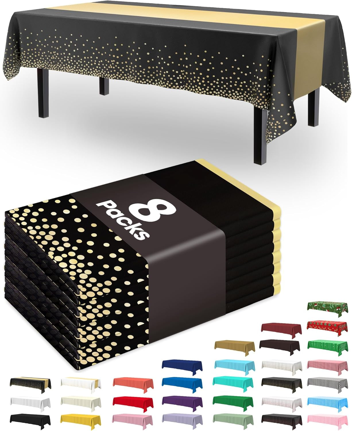 Plastic Table Cloth Disposable 8 Pack, 54 X 108 Inch, Table Runner Style, Graduation Decorations 2025, Party Tablecloths, Rectangle, Plastic Cover, Leakproof & Sturdy, Black Gold