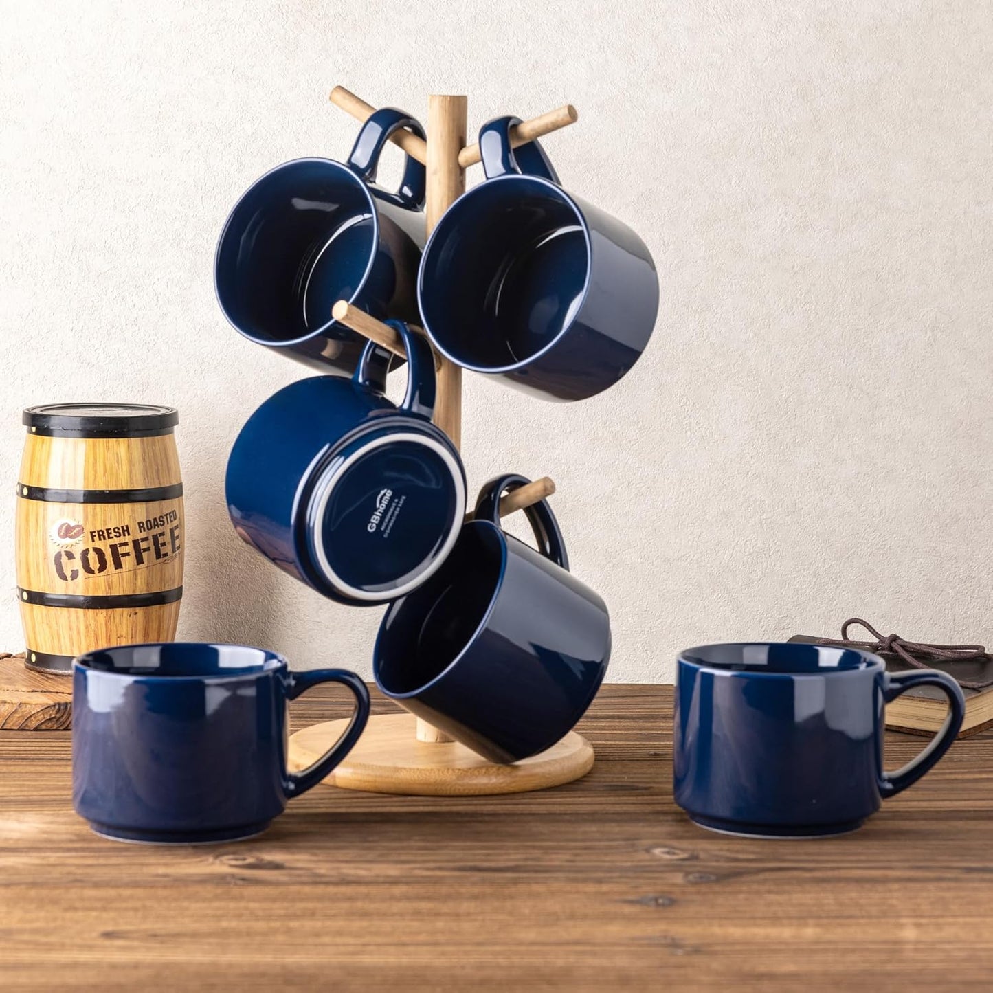 14 oz Stackable Ceramic Coffee Mug Set of 6 in Navy Blue - Modern Cups for Latte, Cappuccino, and Hot Cocoa - Dishwasher and Microwave Safe
