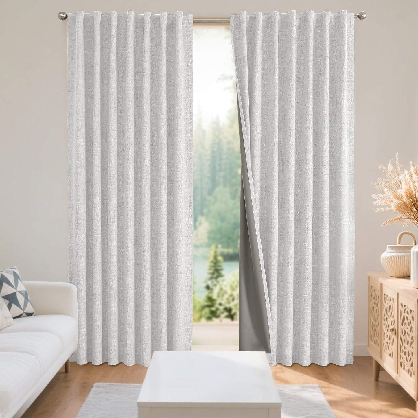 Premium 100% Blackout Curtains for Bedroom - Natural Linen, 52" W x 84" L, Thermal Insulated, Set of 2 White Light Blocking Drapes with Rod Pocket & Back Tabs, Ideal for Living Room Privacy