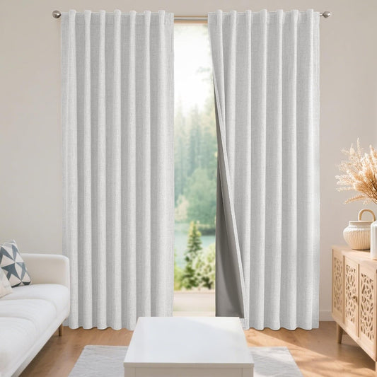 Premium 100% Blackout Curtains for Bedroom - Natural Linen, 52" W x 84" L, Thermal Insulated, Set of 2 White Light Blocking Drapes with Rod Pocket & Back Tabs, Ideal for Living Room Privacy