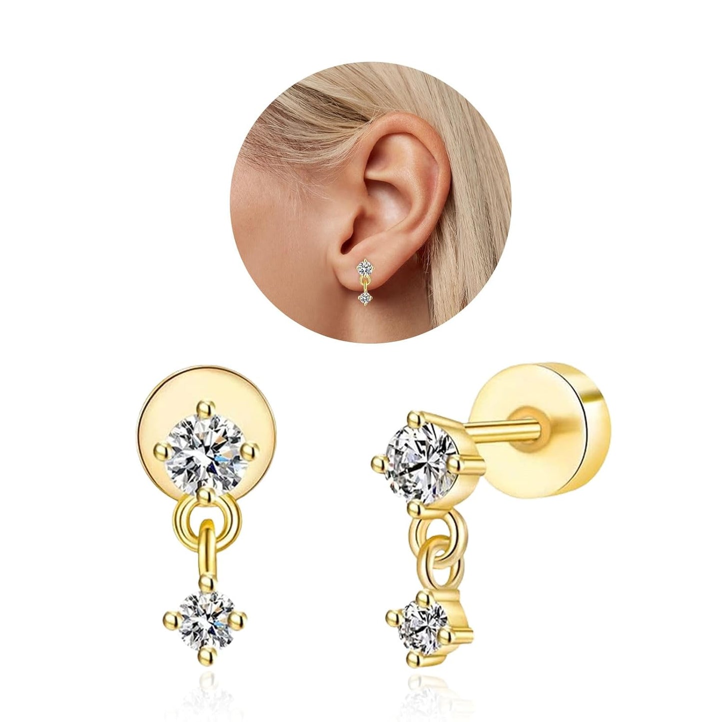 Mother'S Day Flat Back Stud Earrings for Women, 14K Gold Plated Screw Back Earrings, Two Tiny CZ Stud Flat Back Earrings, Hypoallergenic Stud Earrings for Helix Cartilage Piercing Jewelry (Style 1)