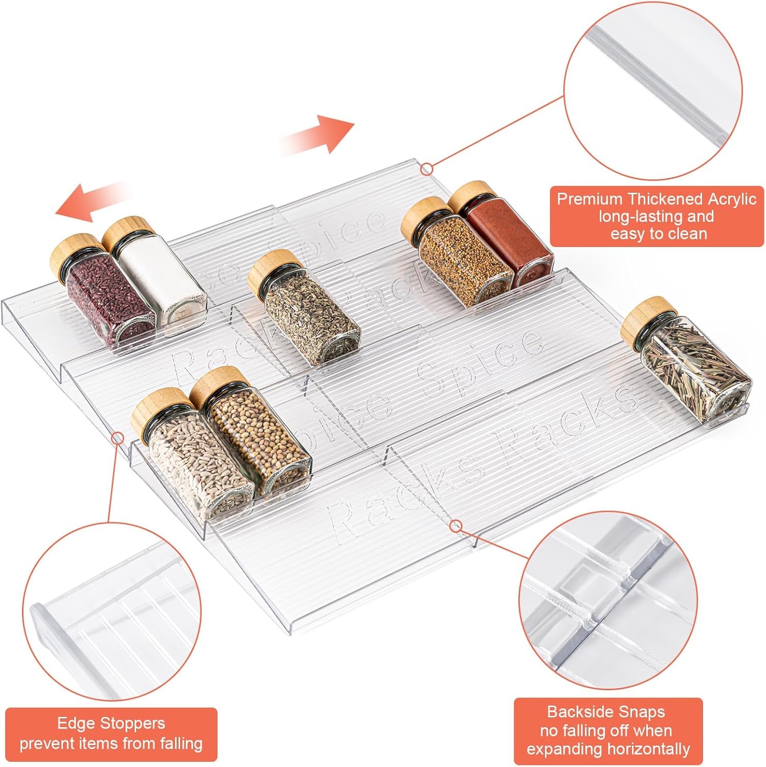 Acrylic Spice Drawer Organizer, 4 Tier- 4 Pack Clear Spice Rack Tray for Drawer/Countertop, Expandable from 11'' to 22'' Kitchen Seasoning Organizers(Jars Not Included)