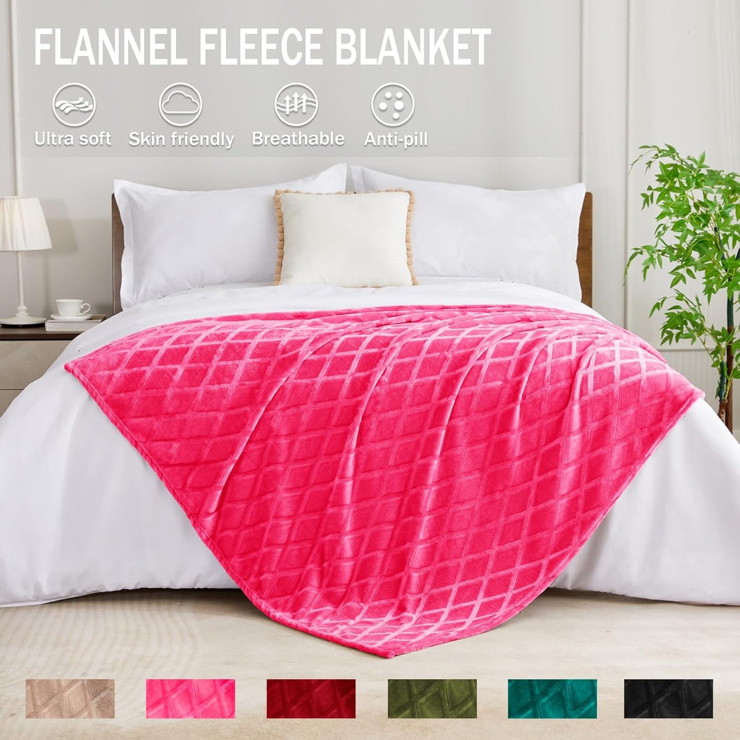 Lightweight Fleece Throw Blanket in Soft Hot Pink with Decorative Pattern, Ideal for Couch and Sofa Bed, 50x70 Inches, All-Season Use