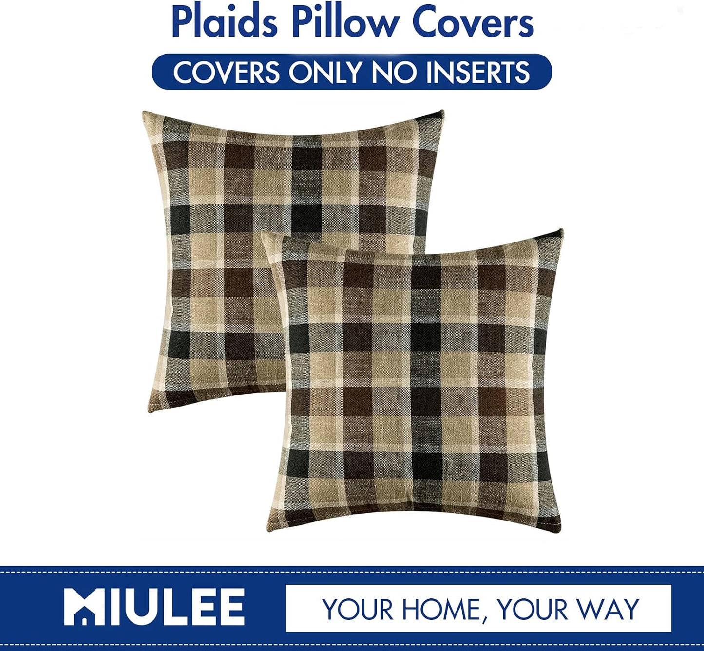 Pack of 2 Decorative Throw Pillow Covers Checkered Plaids Tartan Linen Rustic Farmhouse Square Cushion Case for Bench Sofa Couch Car Bedroom Coffee and Brown 18X18 Inch 45X45 Cm