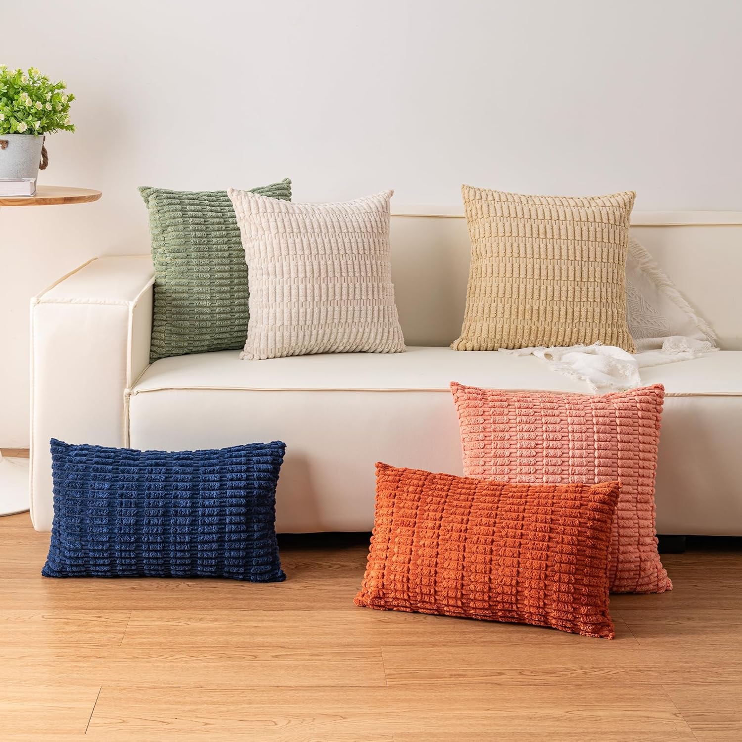 Pack of 2 Corduroy Decorative Throw Pillow Covers 18X18 Inch Soft Striped Pillow Covers Modern Farmhouse Home Decor for Sofa Living Room Couch Bed(Cream White)