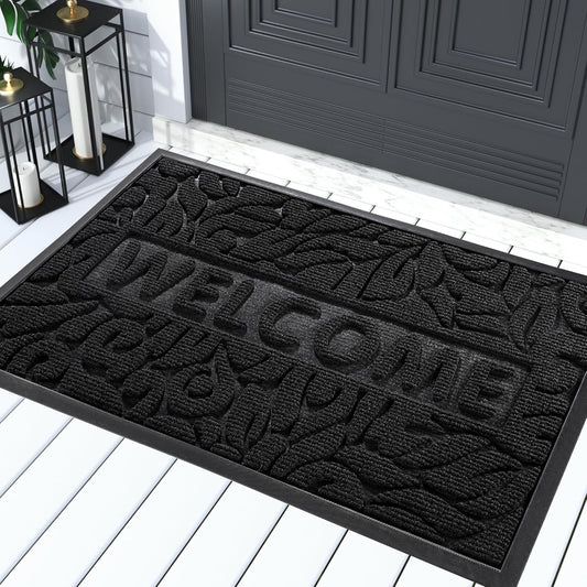 Welcome Mat Outdoor, 29.5X17 Waterproof Door Mat outside Entrance, All-Weather Non Slip Front Door Mat, Low-Profile Entryway Mat Indoor, Porch and Patio, Black