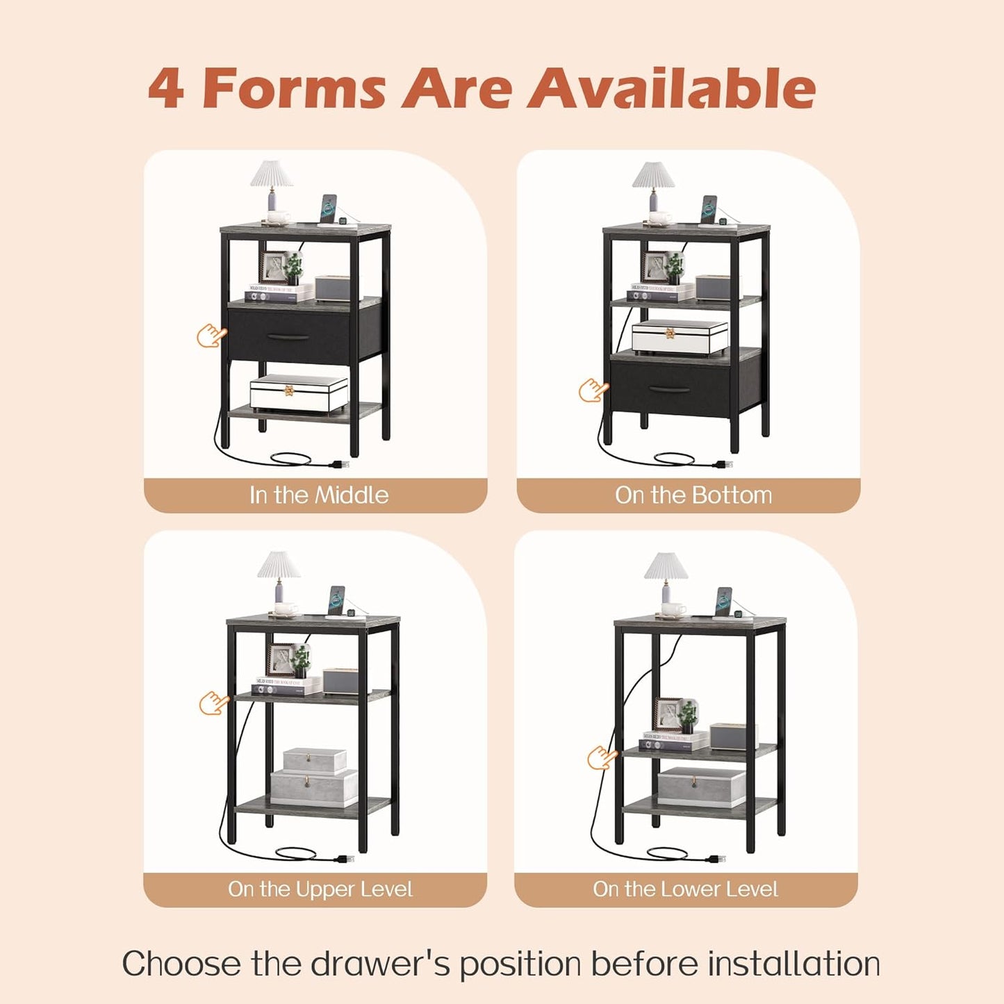 Charcoal Gray Nightstand with Charging Station and Adjustable Fabric Drawer, 3-Tier Storage End Table for Bedroom and Living Room