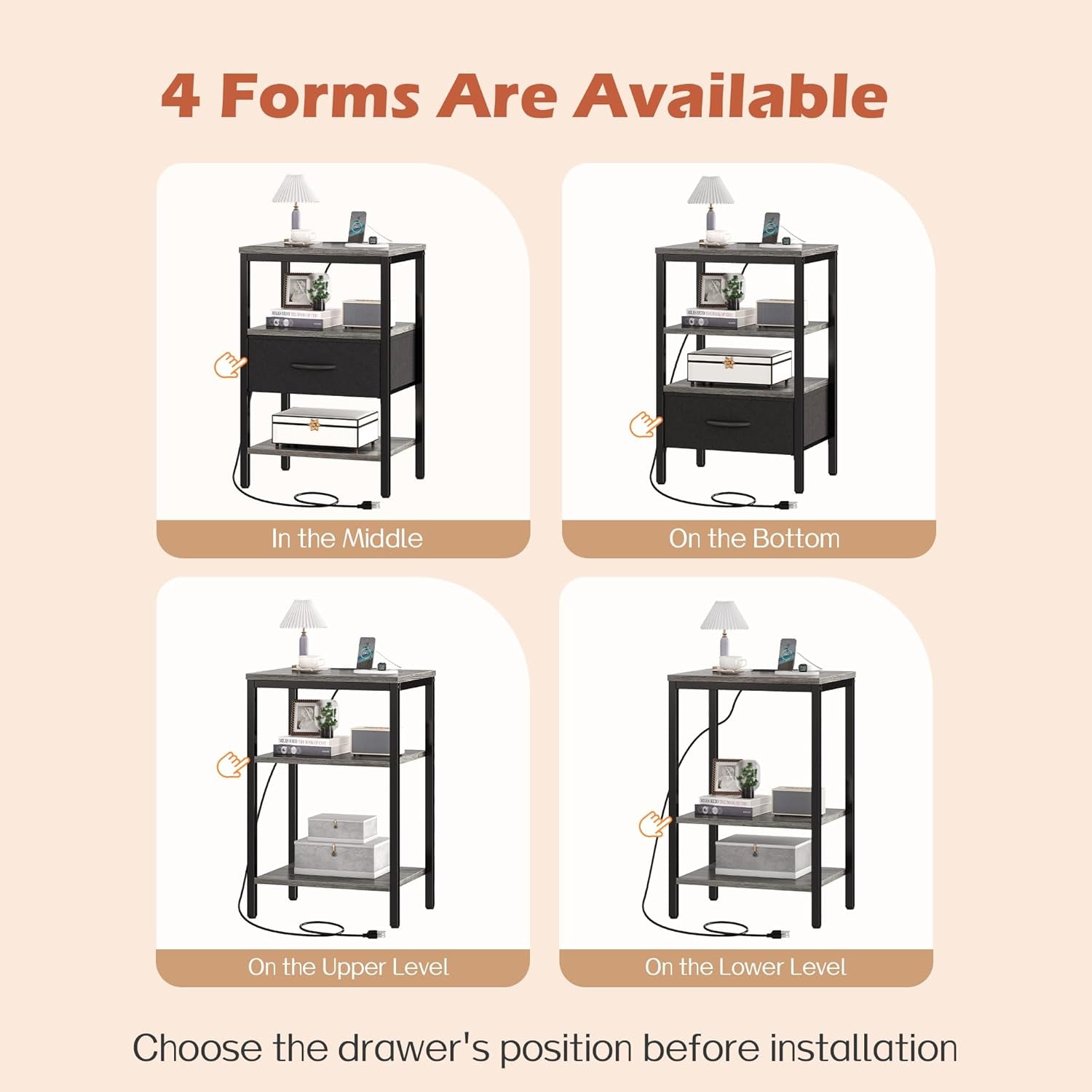 Charcoal Gray Nightstand with Charging Station and Adjustable Fabric Drawer, 3-Tier Storage End Table for Bedroom and Living Room