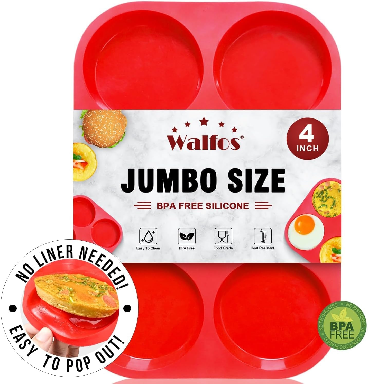 Silicone Muffin Top Pans for Baking 4Inch Jumbo Size, Perfect Results Premium Non-Stick Bakeware Egg Baking Pan, Great for Eggs, Hamburger Bun, Muffin Top and More, Food Grade & BPA Free, 1Pc