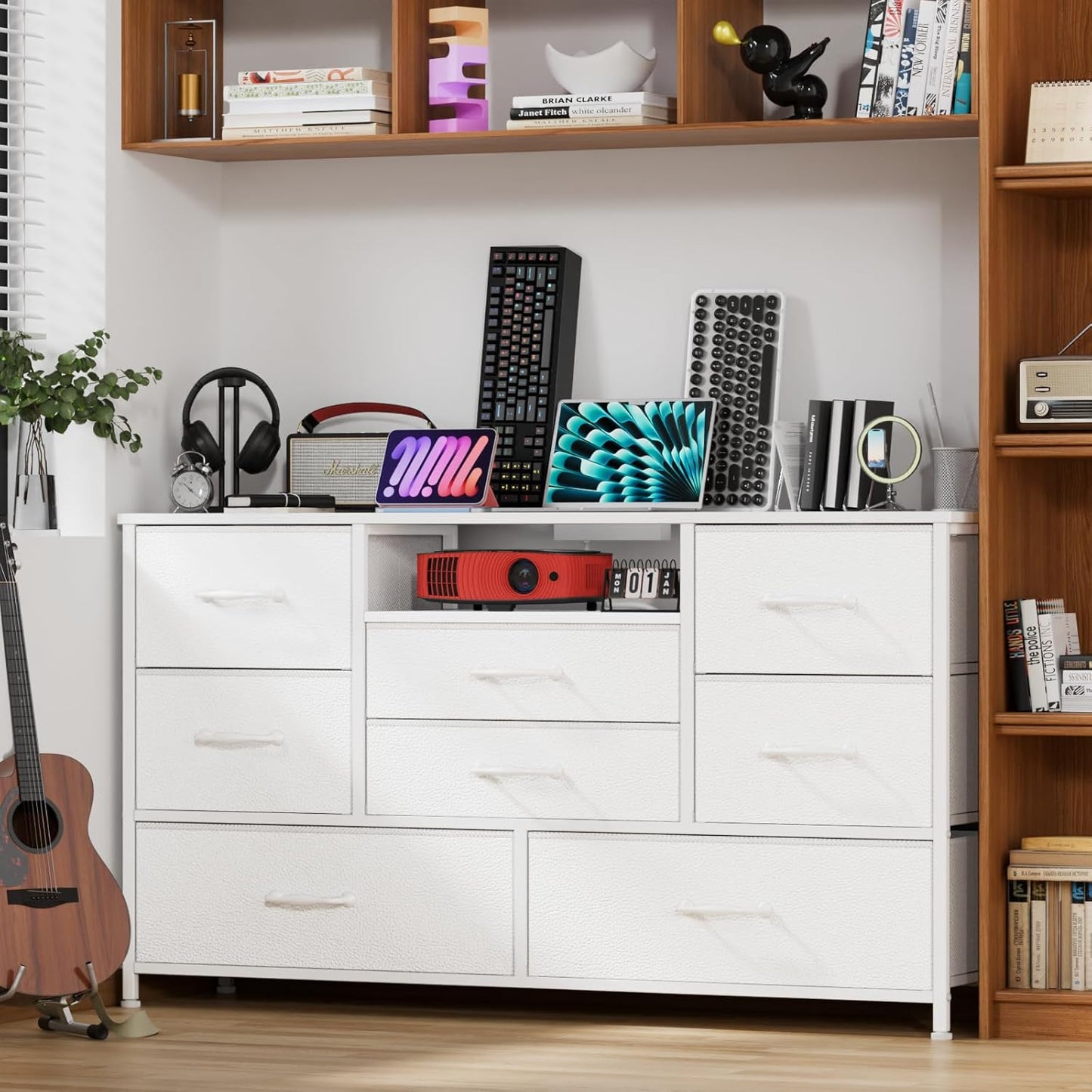 Wide Chest Dresser with Power Outlet for 55" TV Stand - 8 Deep Drawers for Storage in Bedroom, Living Room, Entryway, Hallway, and Closet (White)