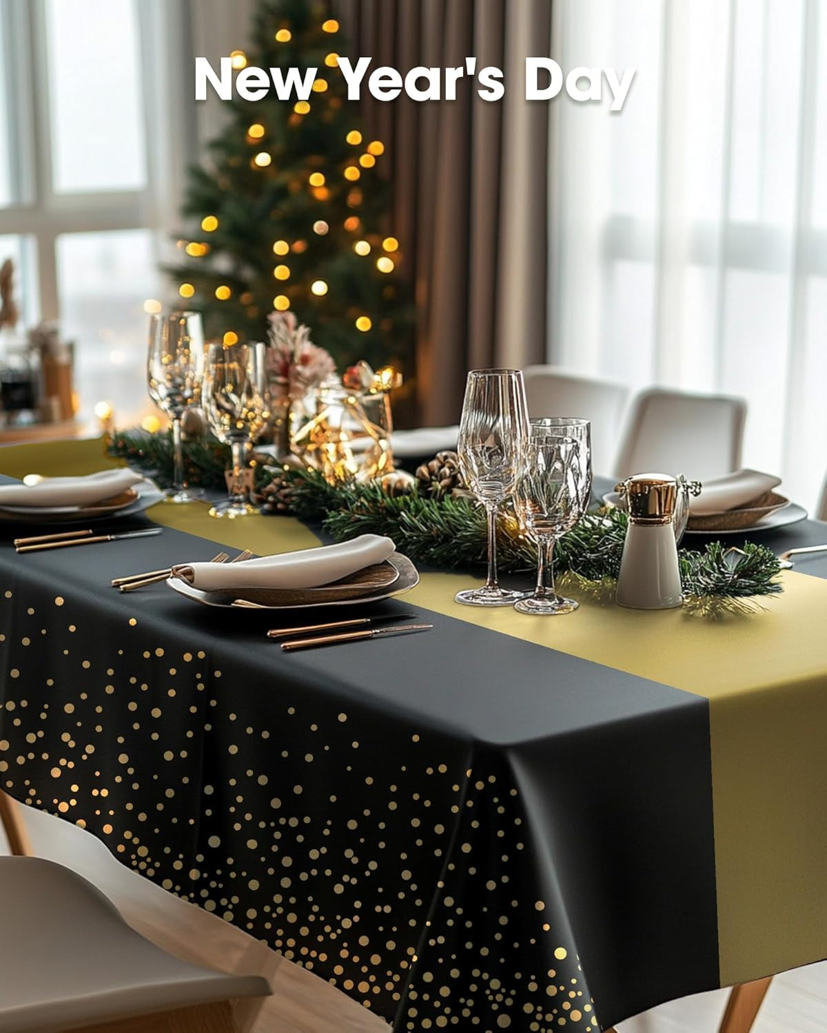 Plastic Table Cloth Disposable 8 Pack, 54 X 108 Inch, Table Runner Style, Graduation Decorations 2025, Party Tablecloths, Rectangle, Plastic Cover, Leakproof & Sturdy, Black Gold