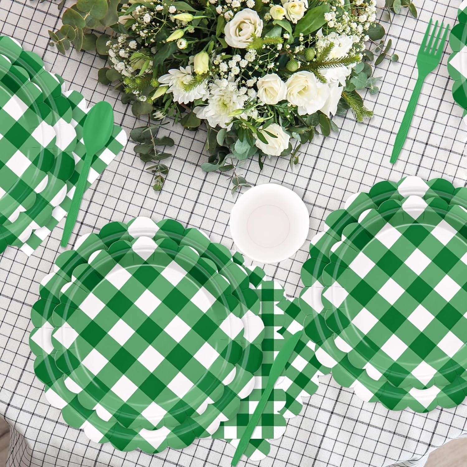 176 PCS Green Gingham Plates and Napkins, Green and White Checkered Disposable Plates Set with Napkins Cups Plastic Spoons Forks Knives for Dinner Birthday Picnic Golf Graduation Party Decorations