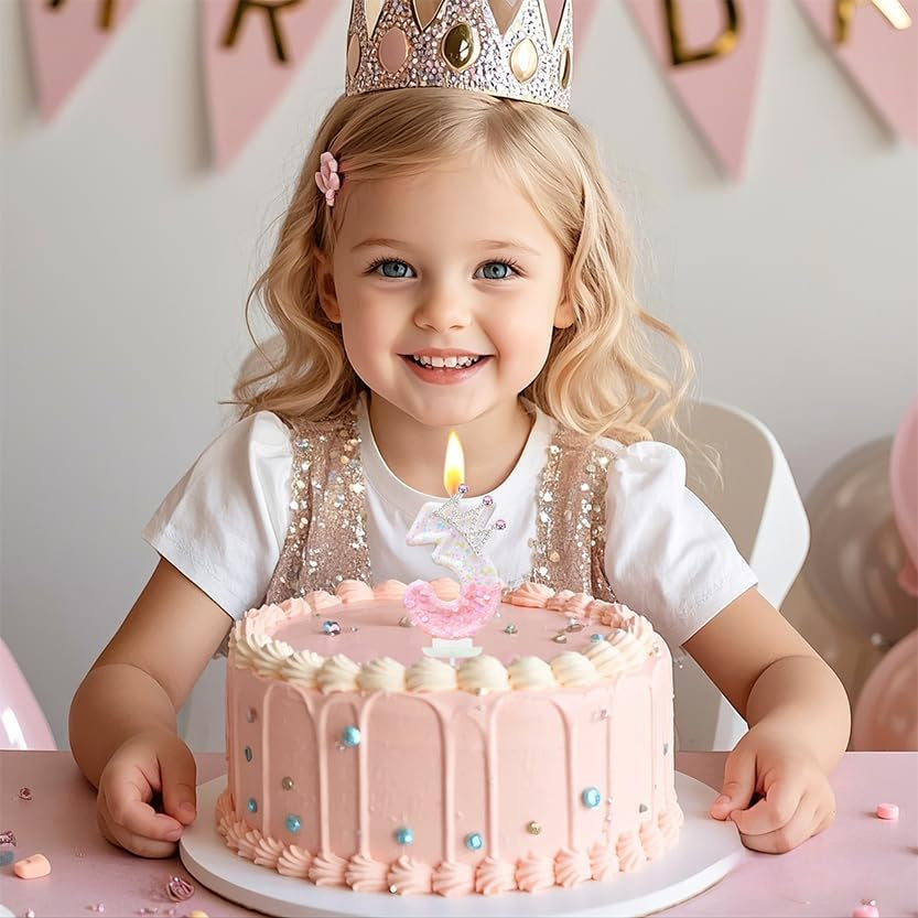 Pink Birthday Number 4 Candle for Cake, Pink Crown Cake Topper Princess Birthday Party Decorations Cupcake Topper Party Favors Decor Supplies