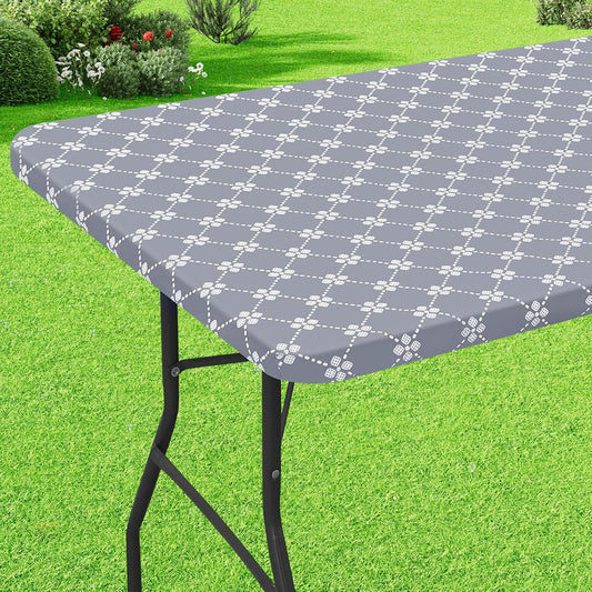 Rectangle Vinyl Table Cloth, Elastic Fitted Tablecloth with Flannel Backing, Waterproof Plastic Table Cover Fits 6 Foot Folding Tables for Camping, Indoor and Outdoor (Grey, 30" X 72")