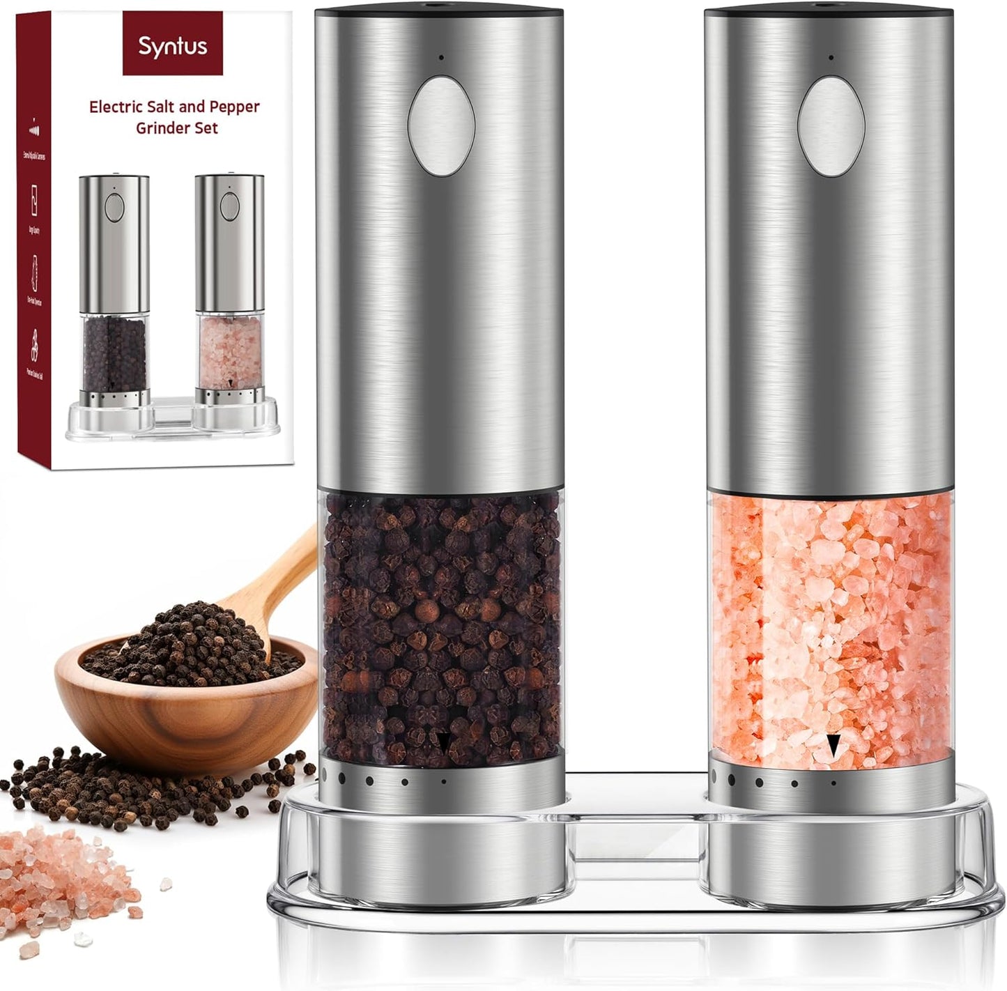 Electric Salt and Pepper Grinder Set USB-C Rechargeable, Stainless Steel Automatic Salt and Pepper Shakers with 6 Adjustable Coarseness High/Low Grinding Speed 95ML Large Capacity & LED Light