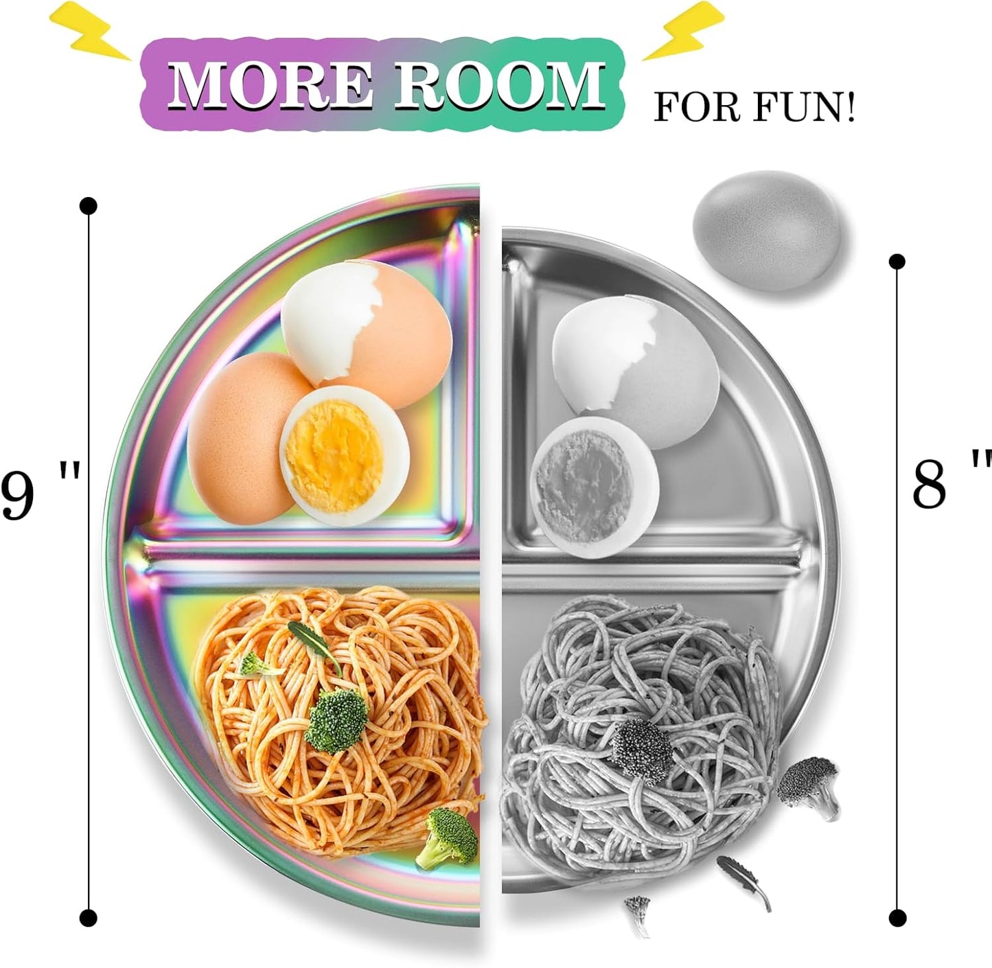 Stainless Steel Kids Plates Set of 2, 9" Portion Divided Plate for Toddler & Baby, Non Toxic Unbreakable Dinner Dishes, Metal Food Tray Camping Picnic Snack Nut Container, Bling Colorful