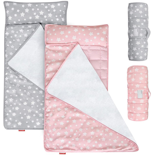 Toddler Nap Mat 2 Pack, Nap Mat for Kids Preschool, Daycare and Fleece Minky Blanket, Lightweight, Soft, Gray and Pink