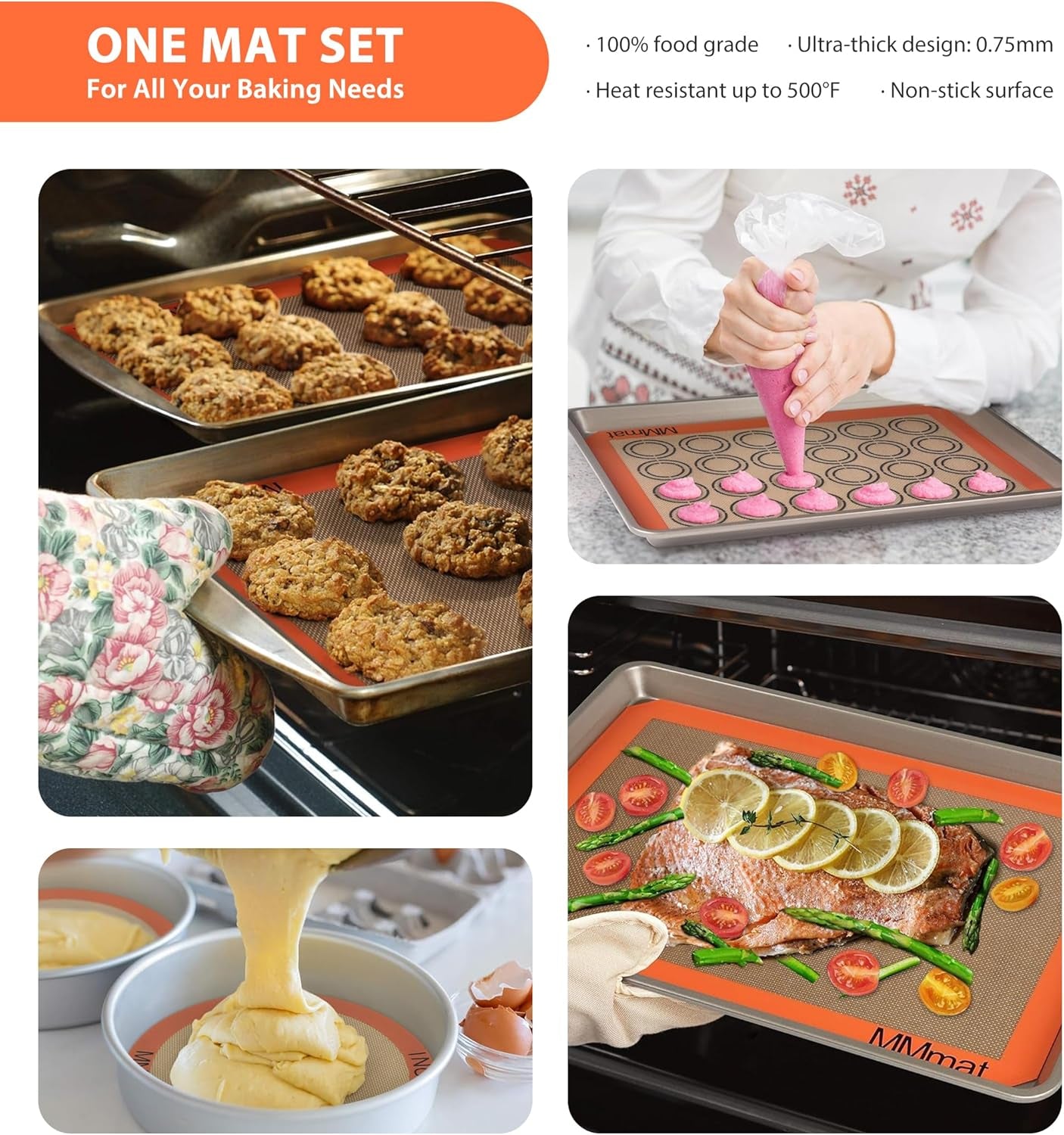 Silicone Baking Mats - Best German Silicone, Non Slip Baking Sheet, Non Stick Reusable Silicone Mats for Baking, Food Grade Oven Liner, Counter Mat, Set of 6